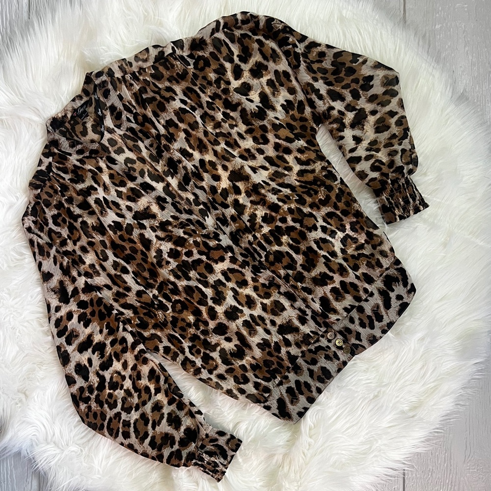 EUC [Guess] Sheer Leopard Top | Smocked Button Down Shirt Cheetah Blouse | Small - Picture 4 of 14